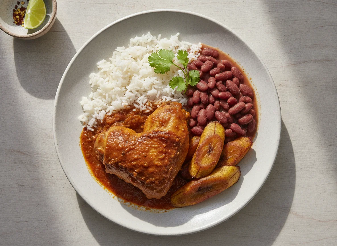 Pollo guisado con arroz, frijoles y plátano photo