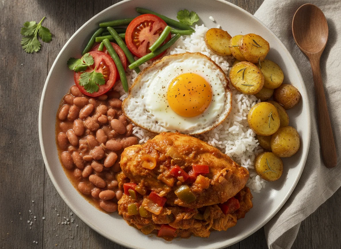 Pollo guisado con arroz, habichuelas, huevo y papas photo