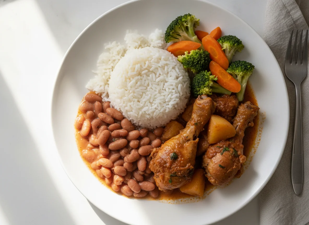 Pollo guisado con arroz, habichuelas y vegetales photo