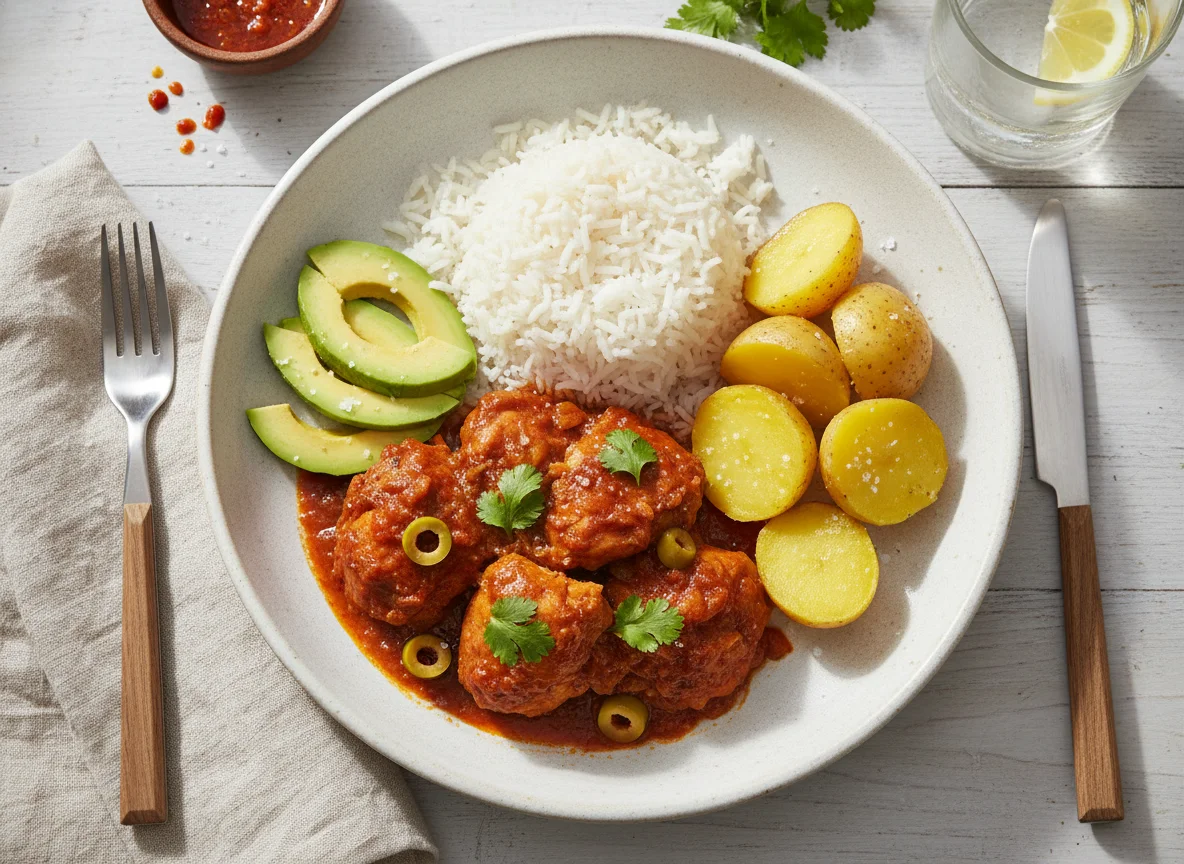 Pollo guisado con arroz, papa y aguacate photo