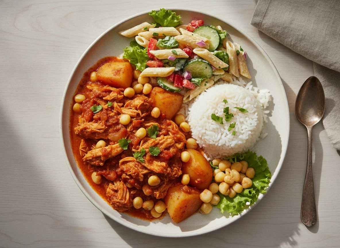 Pollo guisado con arroz, papas y ensalada de pasta photo