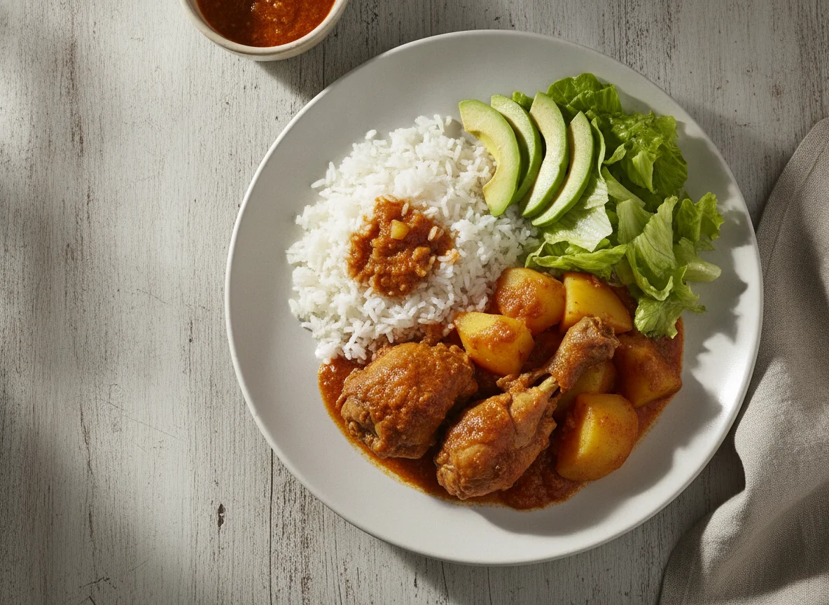 Pollo guisado con arroz, patata, aguacate y ensalada photo