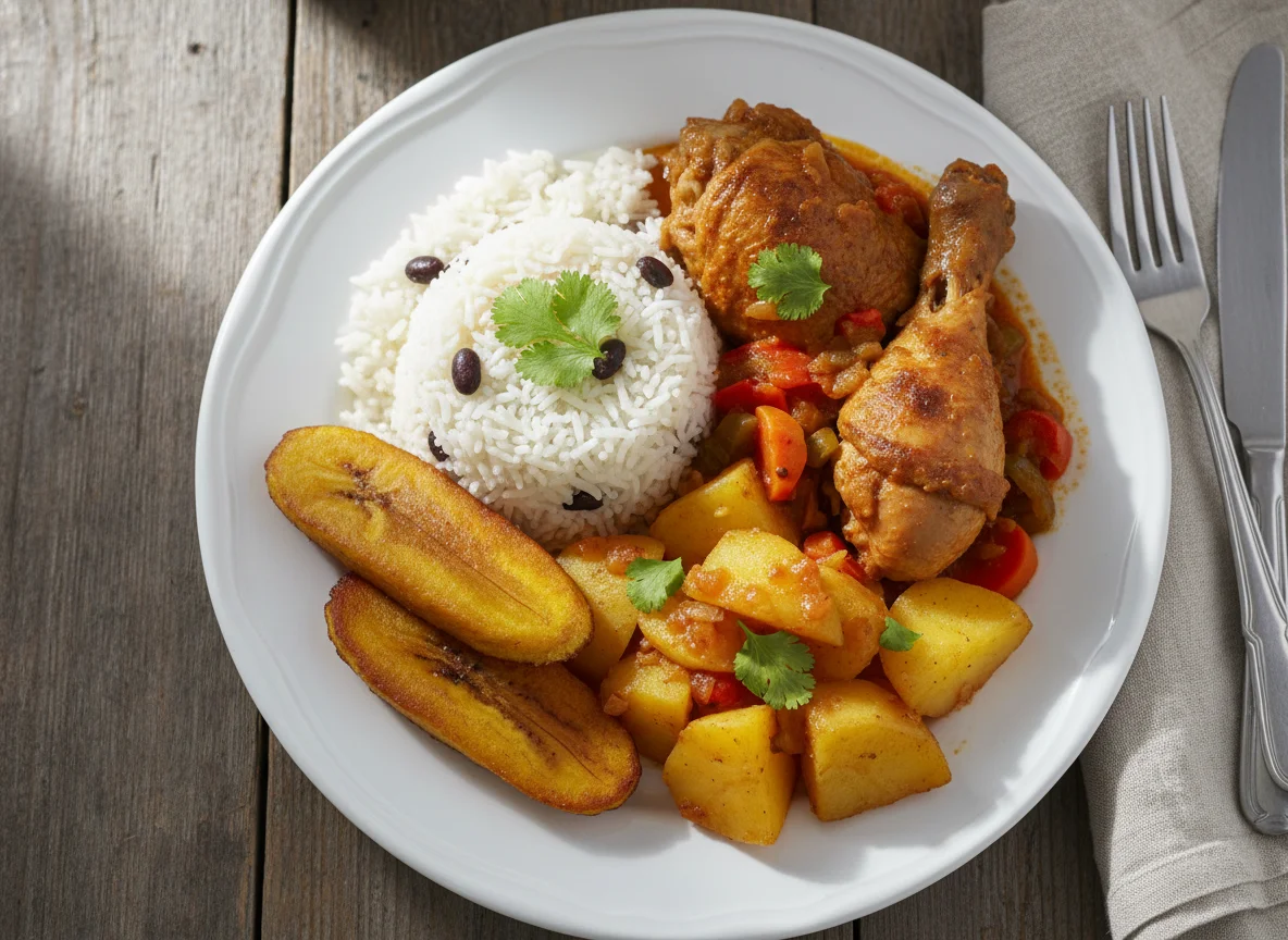 Pollo guisado con arroz, patatas y plátano photo