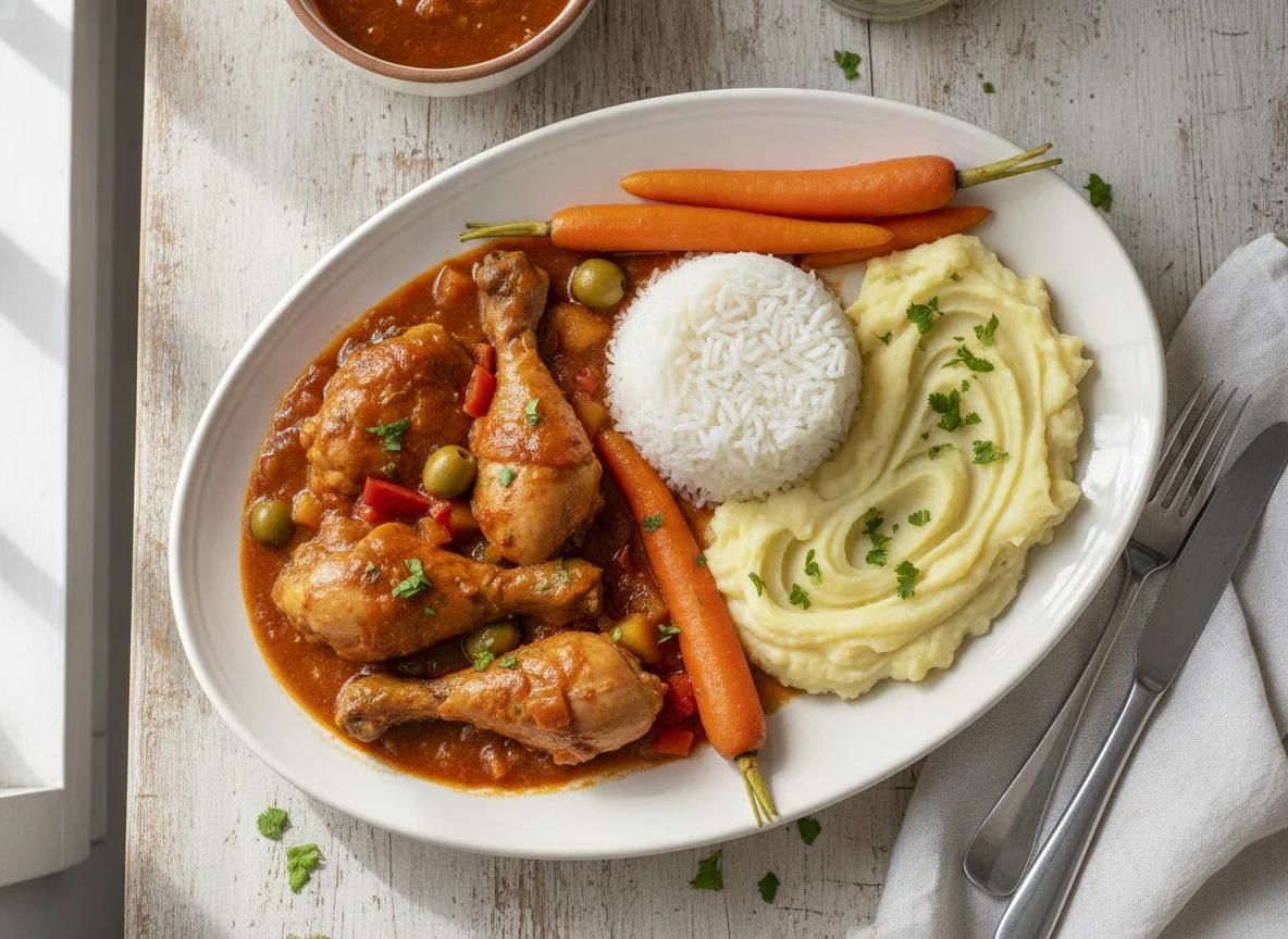 Pollo guisado con arroz, puré de papas y zanahorias photo