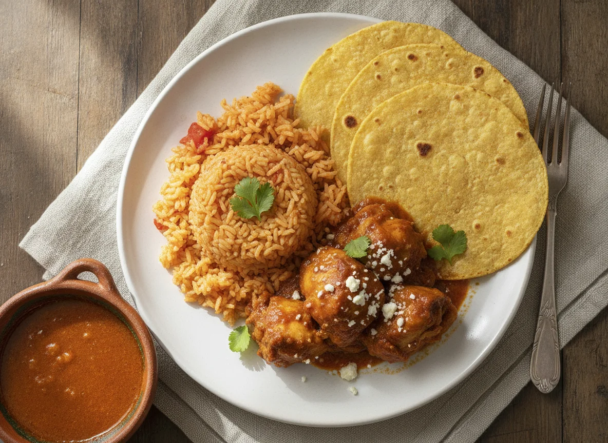 Pollo guisado con arroz, queso y tortillas photo