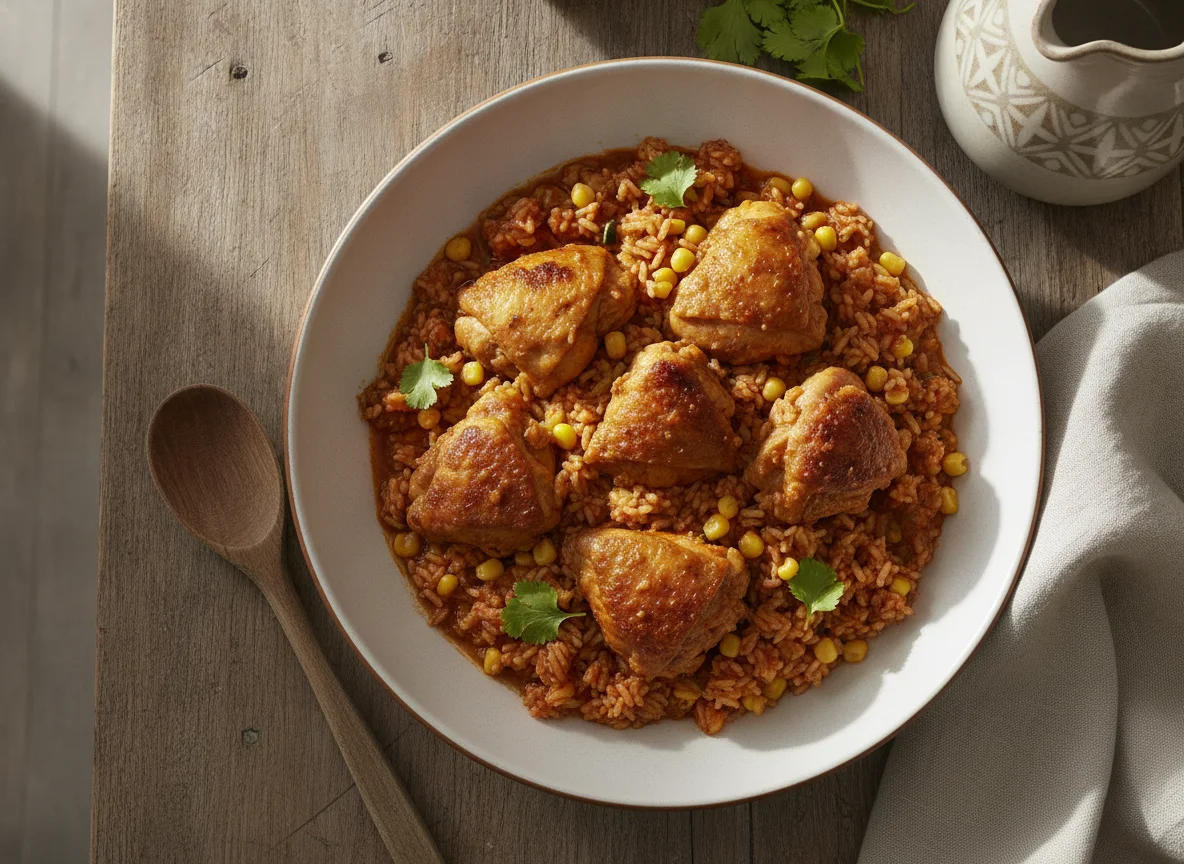 Pollo guisado con arroz rojo photo