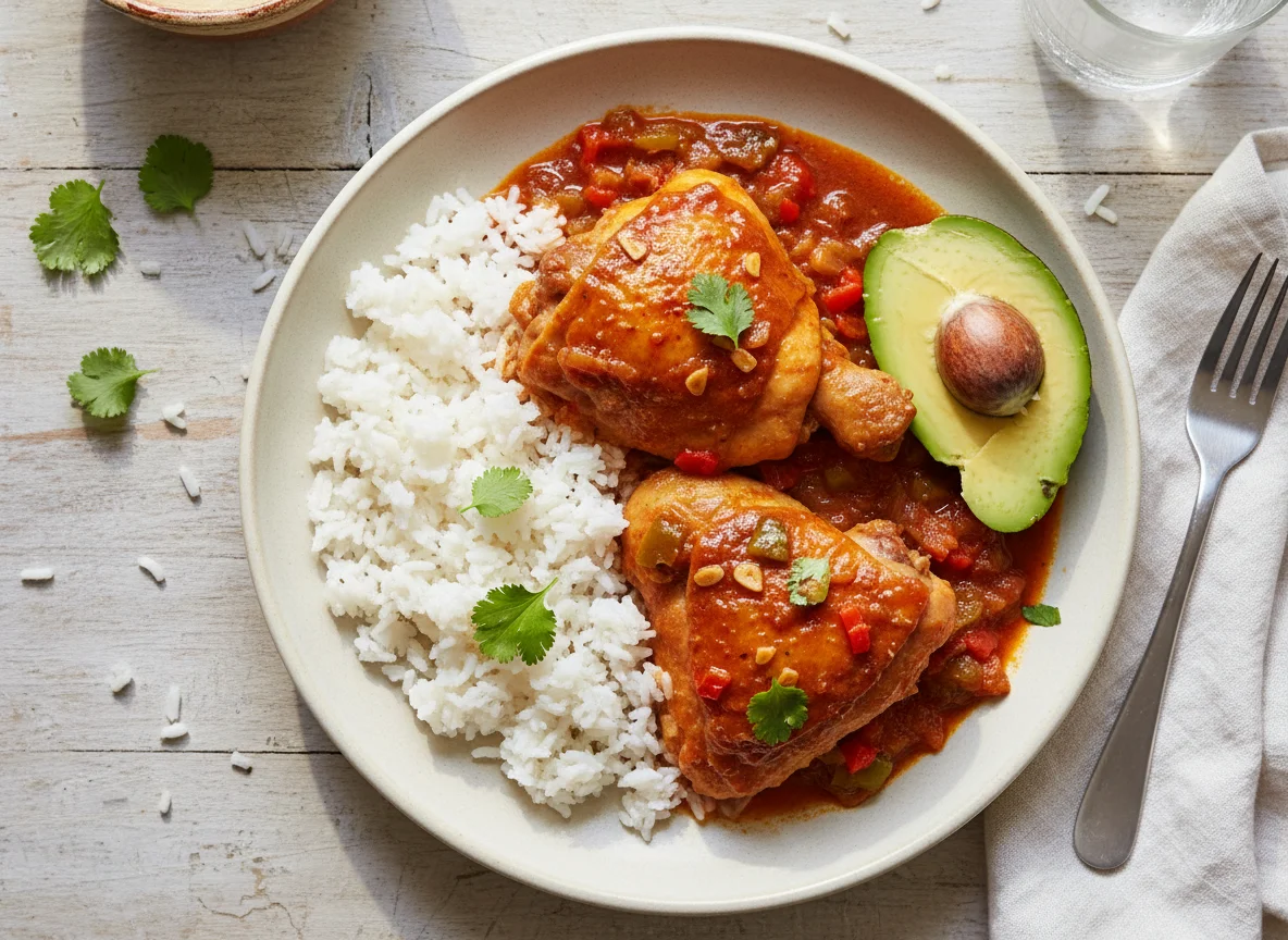 Pollo guisado con arroz y aguacate photo