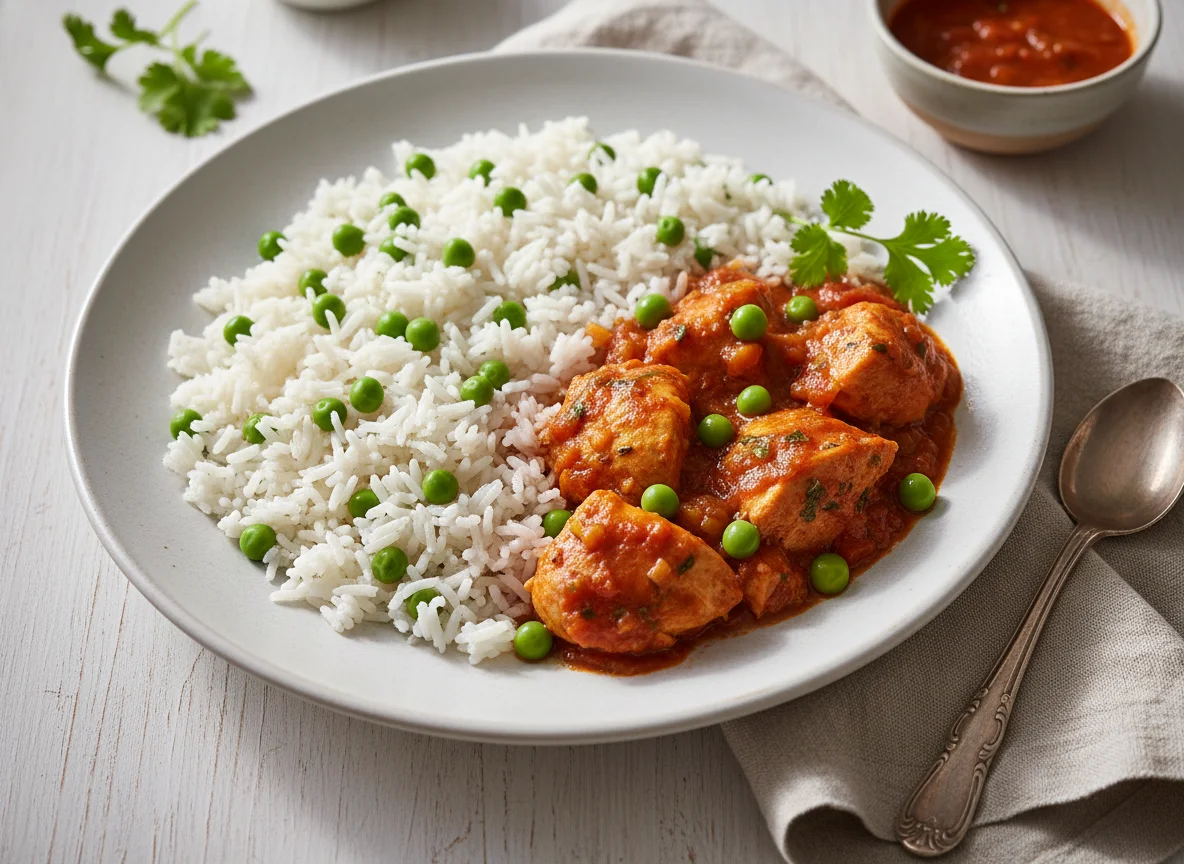 Pollo guisado con arroz y arvejas photo