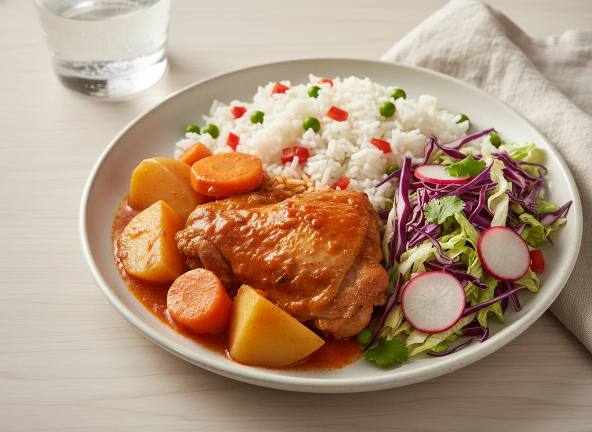 Pollo guisado con arroz y ensalada photo