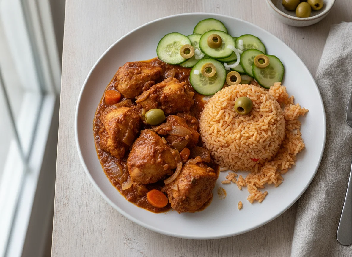 Pollo guisado con arroz y ensalada de pepino photo