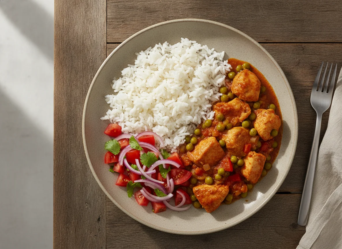 Pollo guisado con arroz y ensalada de tomate y cebolla photo
