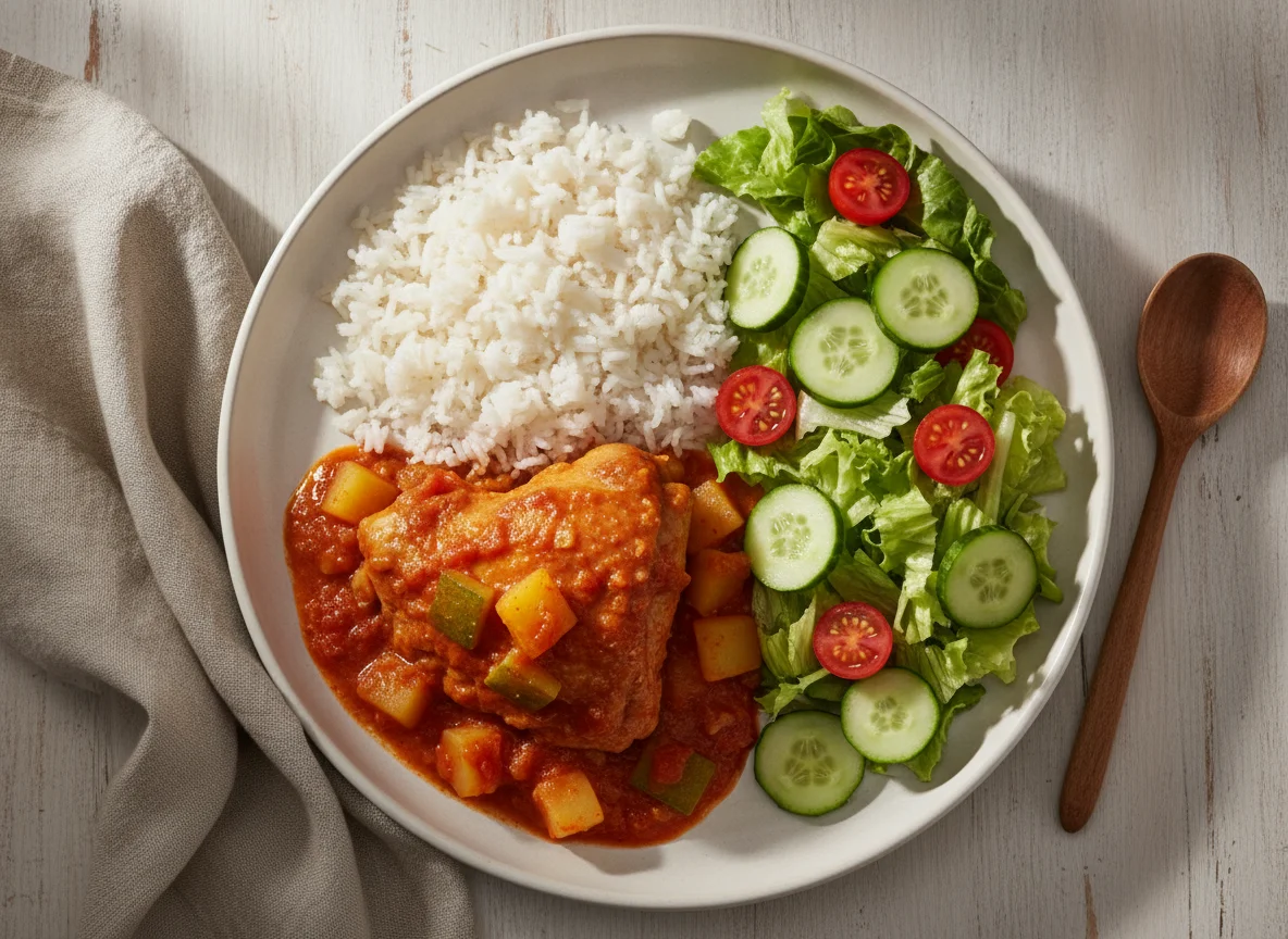 Pollo guisado con arroz y ensalada fresca photo