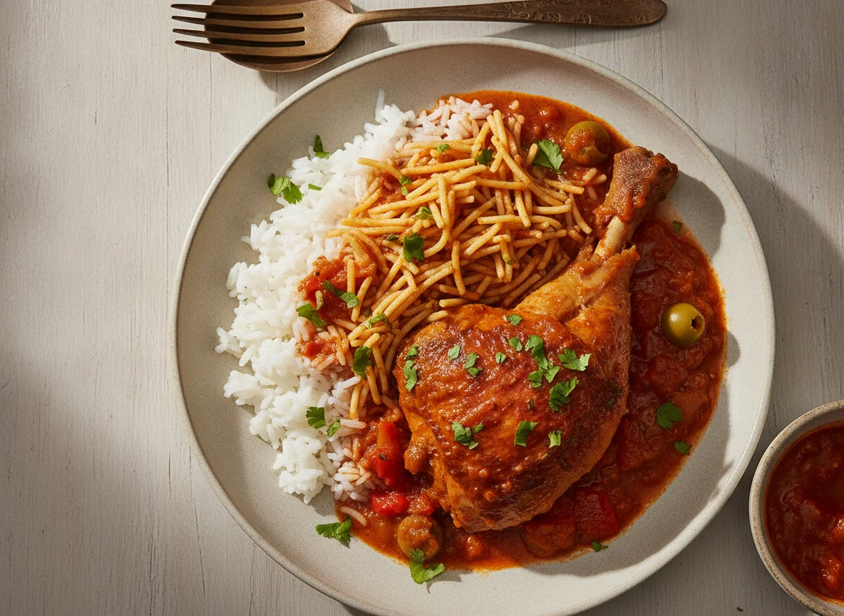Pollo guisado con arroz y fideos photo