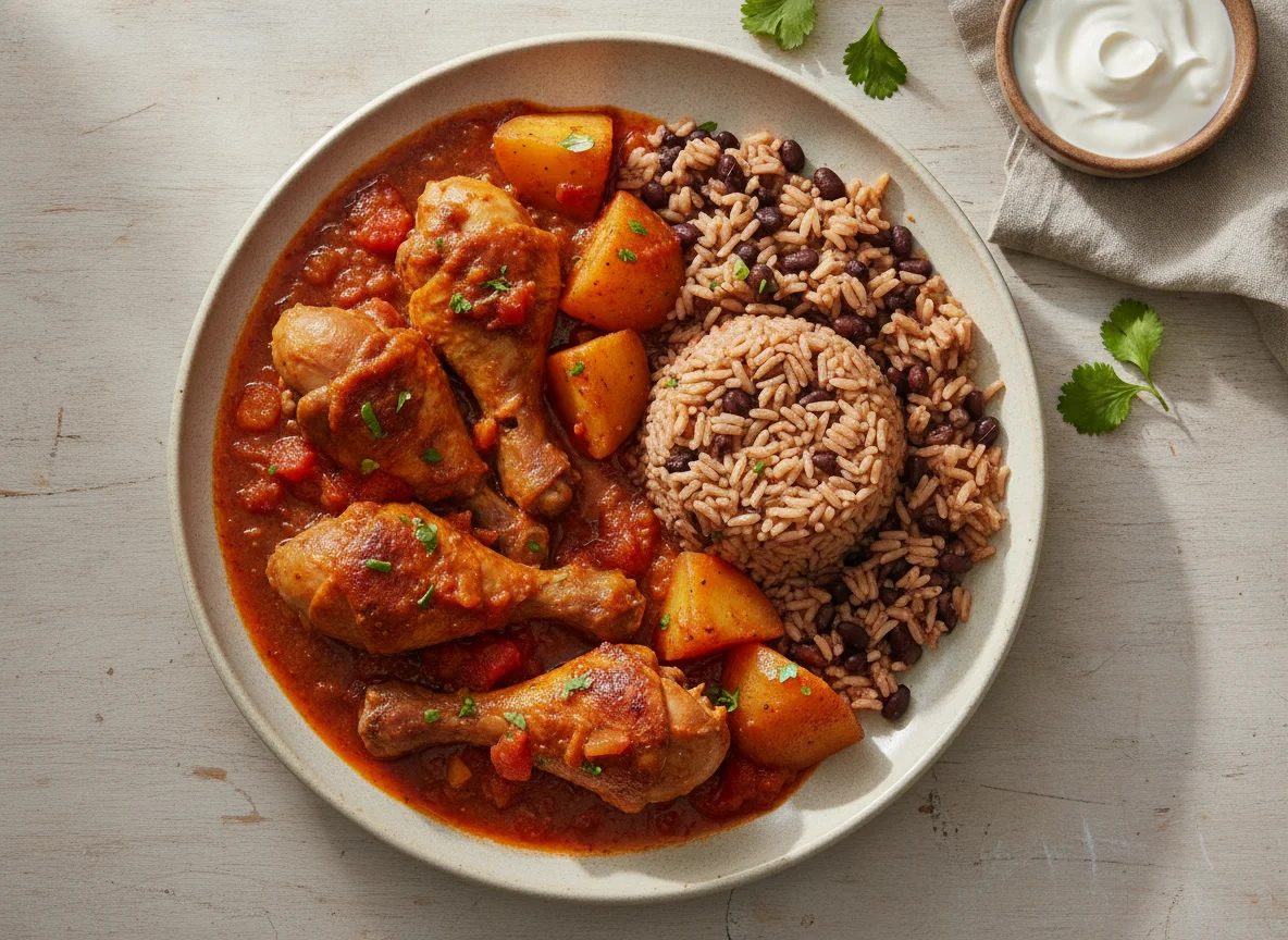 Pollo guisado con arroz y frijoles photo