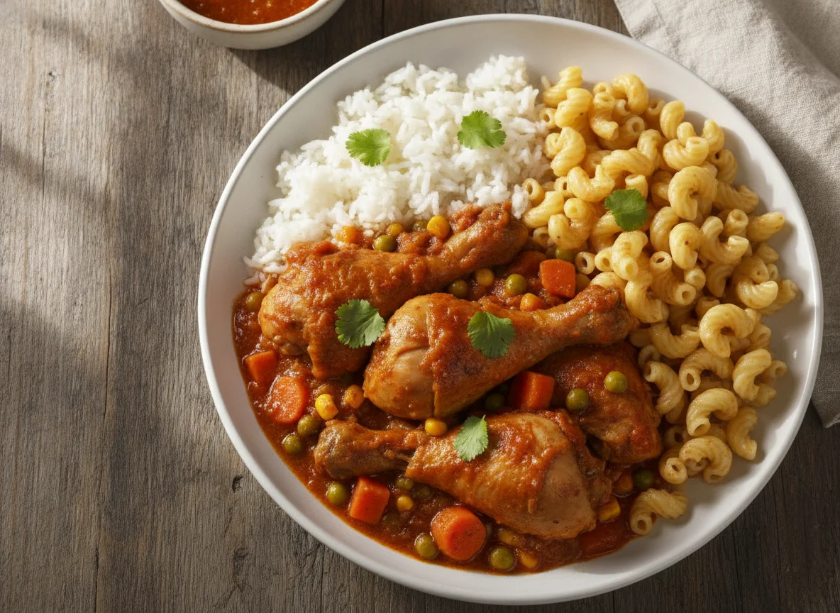 Pollo guisado con arroz y macarrones photo