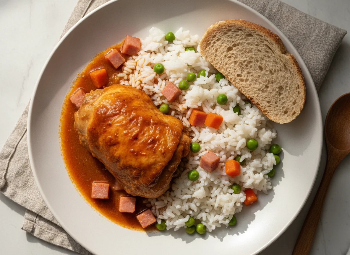 Pollo guisado con arroz y pan integral photo