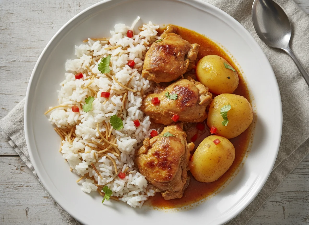 Pollo guisado con arroz y patatas photo