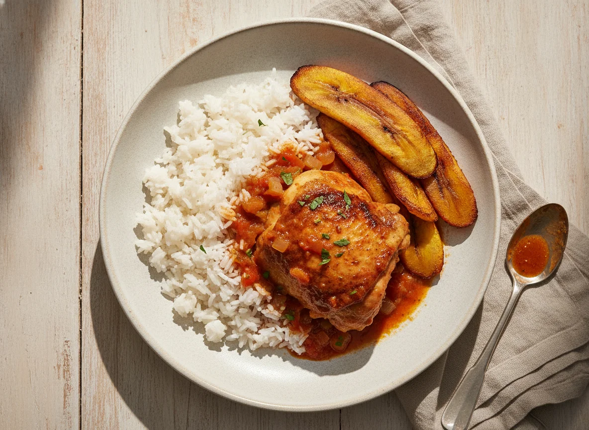 Pollo guisado con arroz y plátano photo
