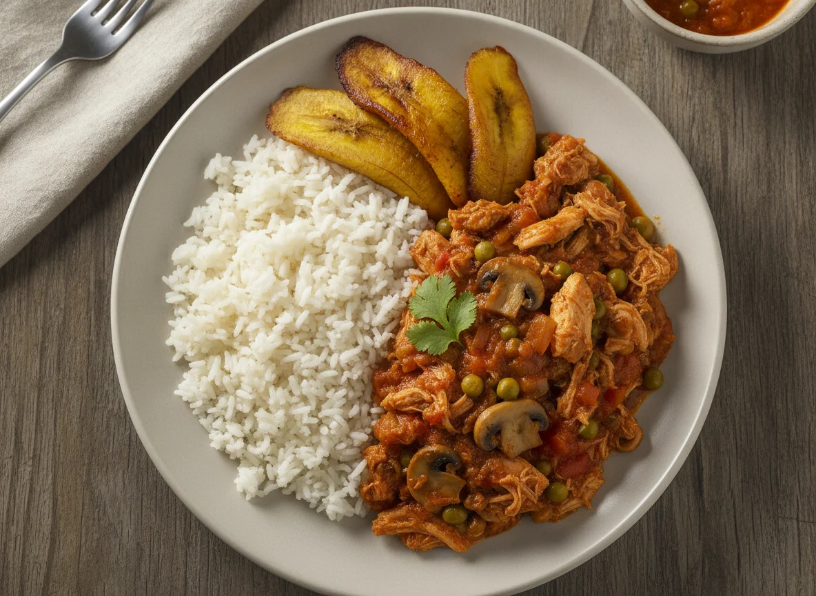 Pollo guisado con arroz y tajadas de plátano photo