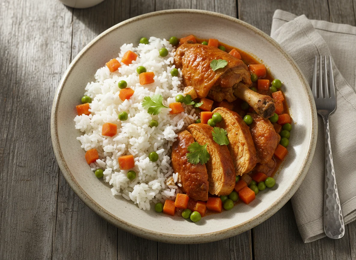 Pollo guisado con arroz y vegetales photo