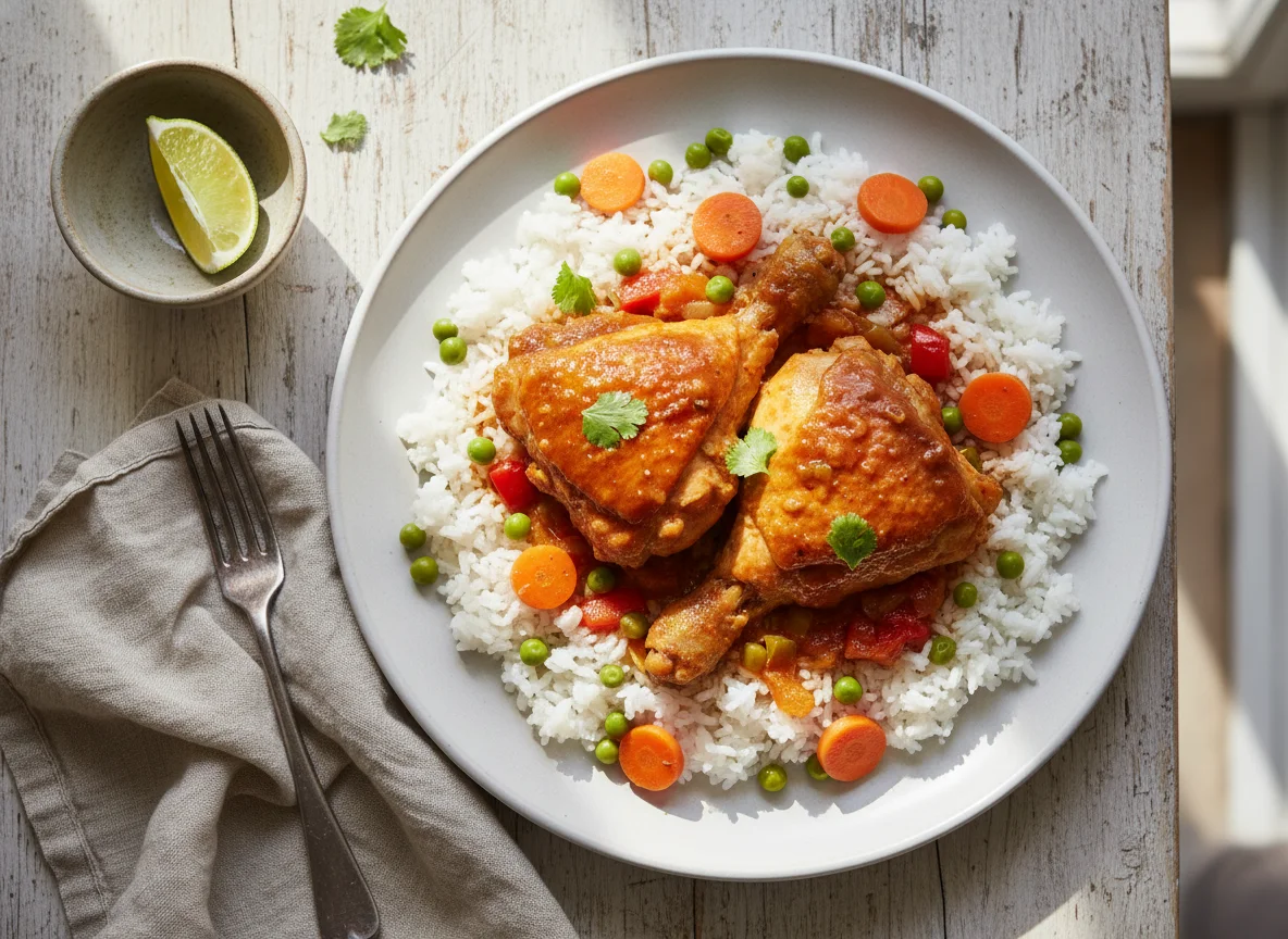 Pollo guisado con arroz y verduras photo