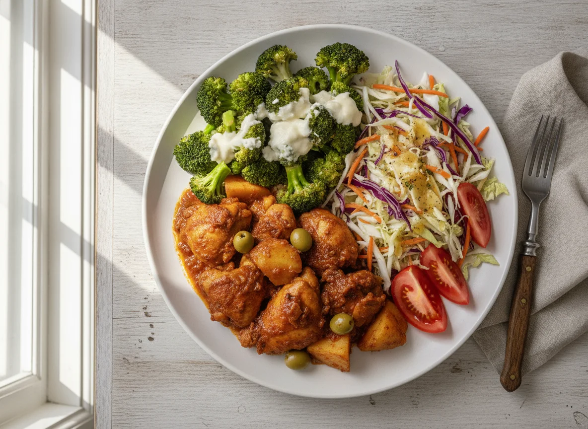 Pollo guisado con brócoli y ensalada photo
