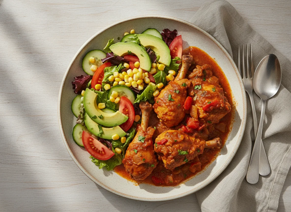Pollo guisado con ensalada de aguacate y maíz photo