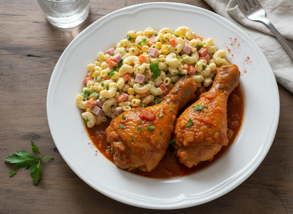Pollo guisado con ensalada de pasta photo