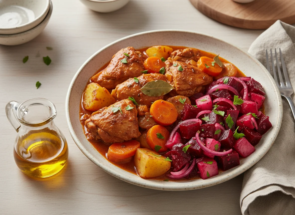 Pollo guisado con ensalada de remolacha y papa photo