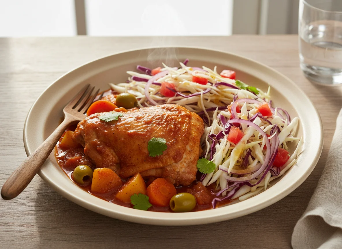 Pollo guisado con ensalada de repollo photo
