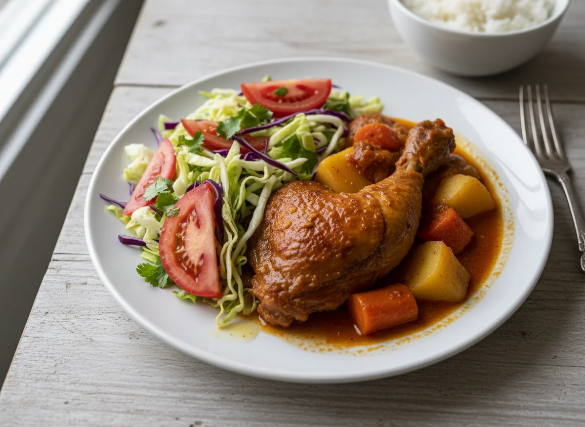 Pollo guisado con ensalada de repollo y tomate photo