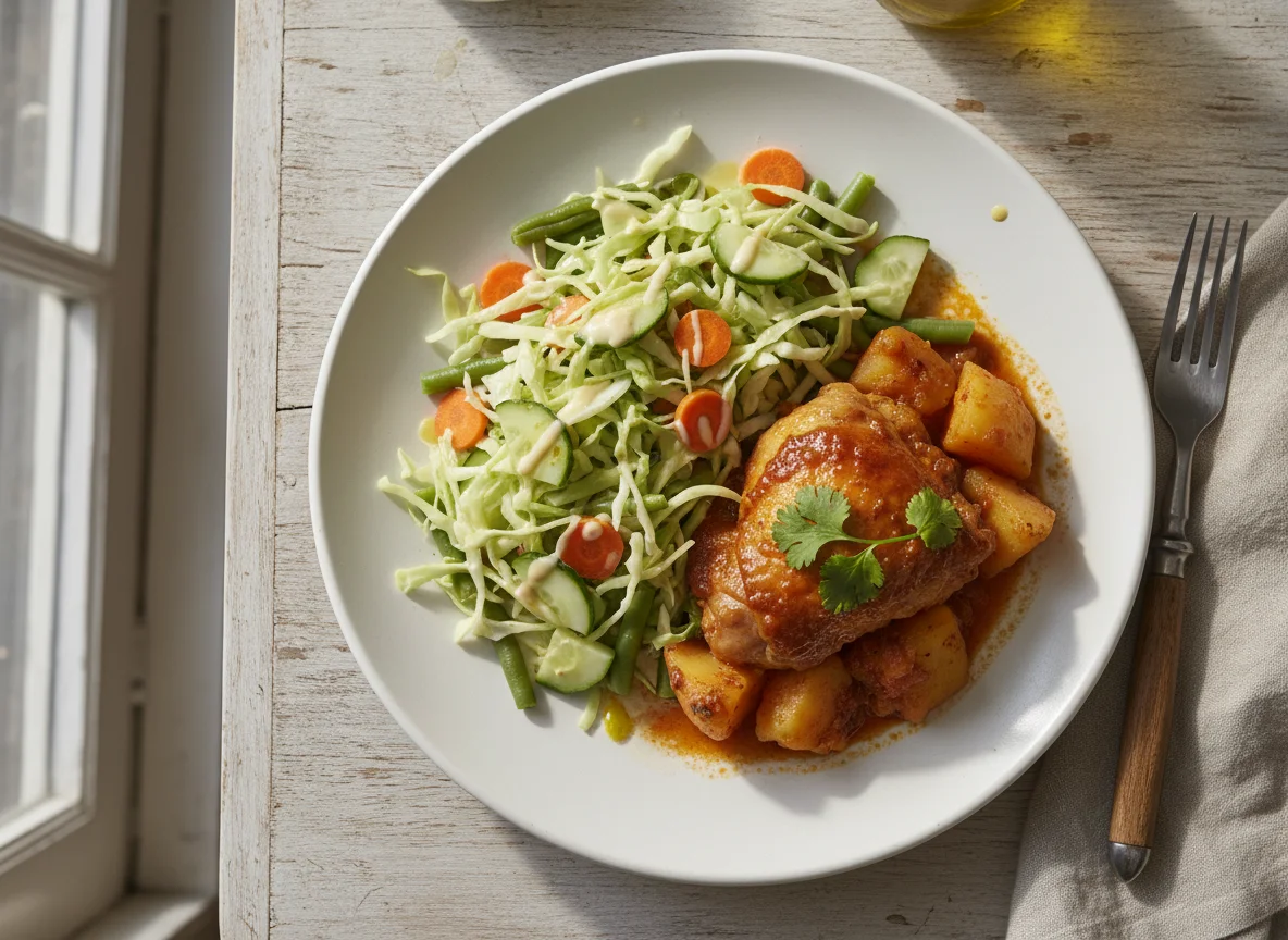 Pollo guisado con ensalada de vegetales photo