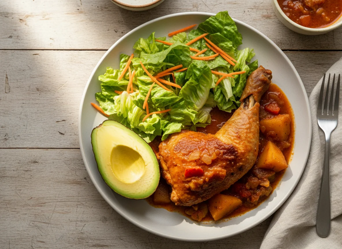 Pollo guisado con ensalada y aguacate photo