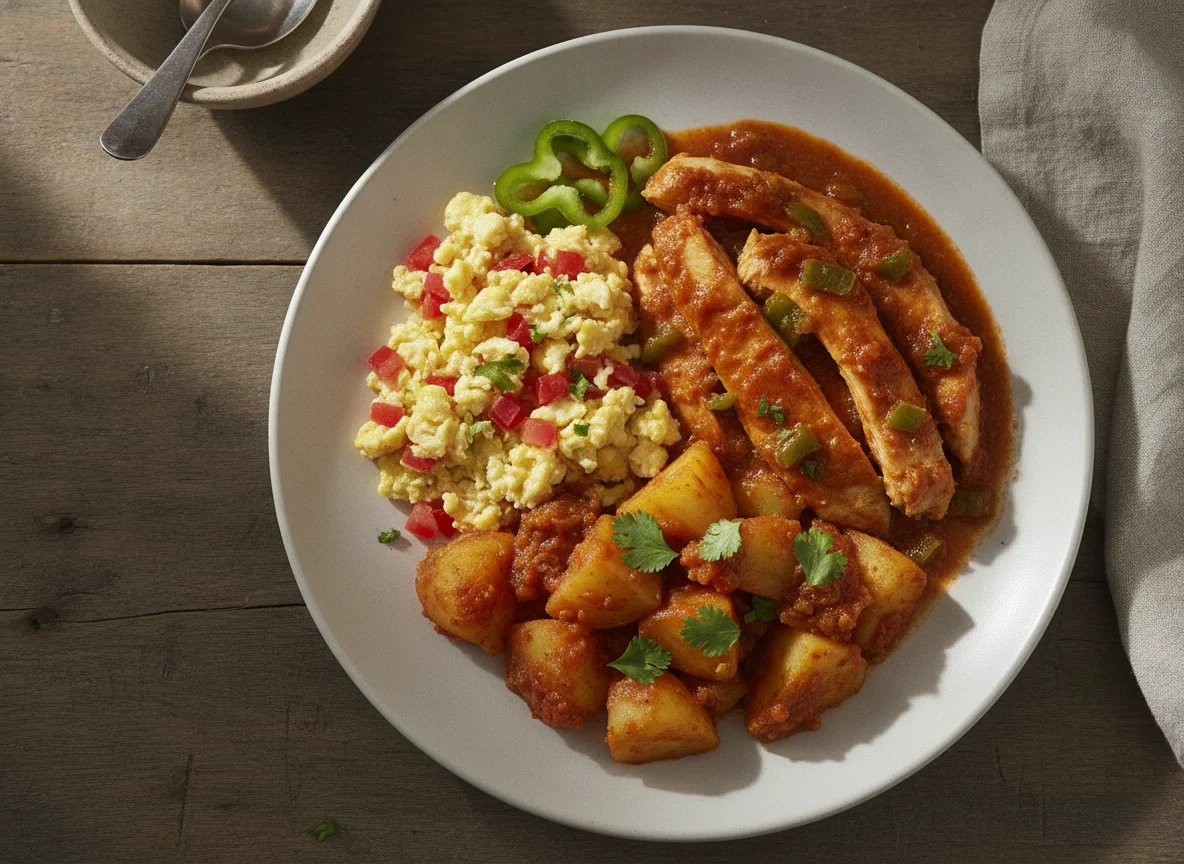 Pollo guisado con huevos pericos y papas photo