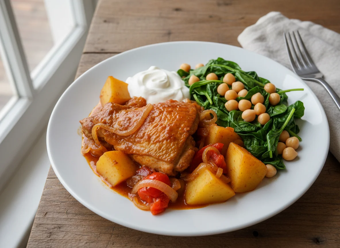 Pollo guisado con papa y ensalada photo