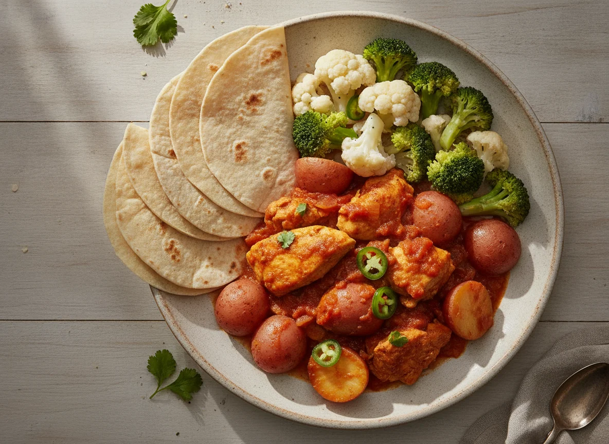 Pollo guisado con papas, verduras y tortillas photo