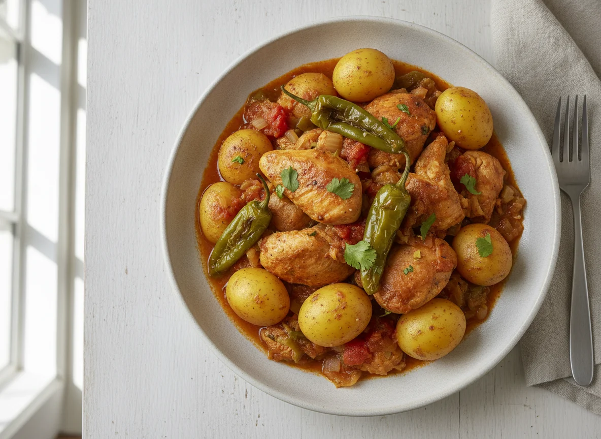 Pollo guisado con papas y chile photo