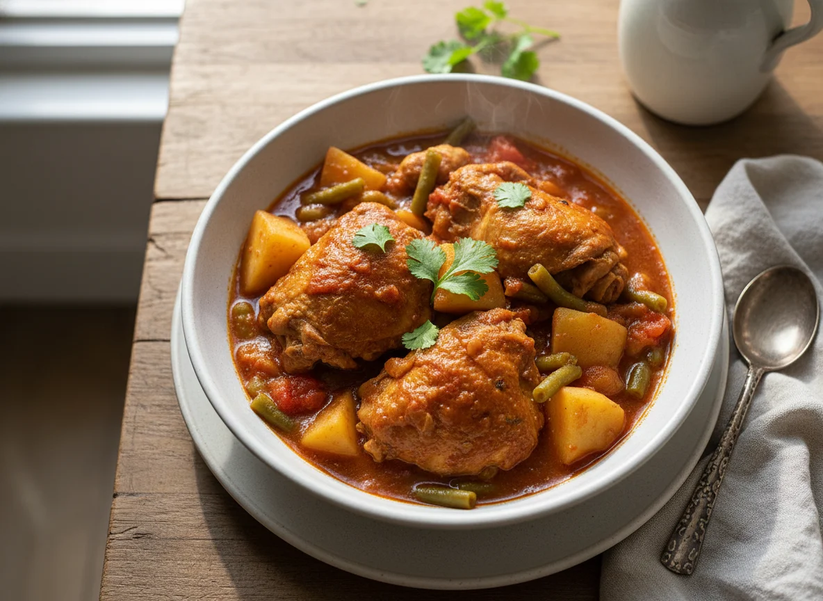 Pollo guisado con papas y ejotes photo