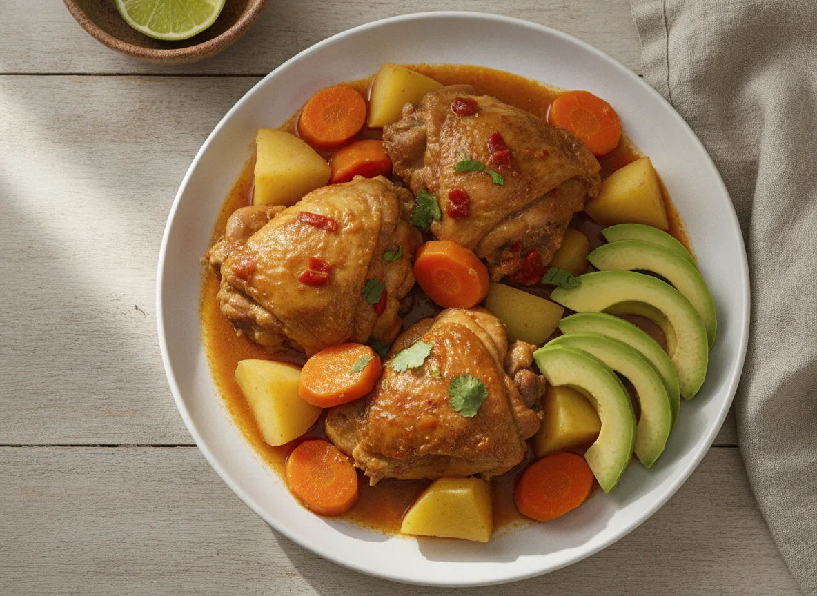 Pollo guisado con papas, zanahorias y aguacate photo