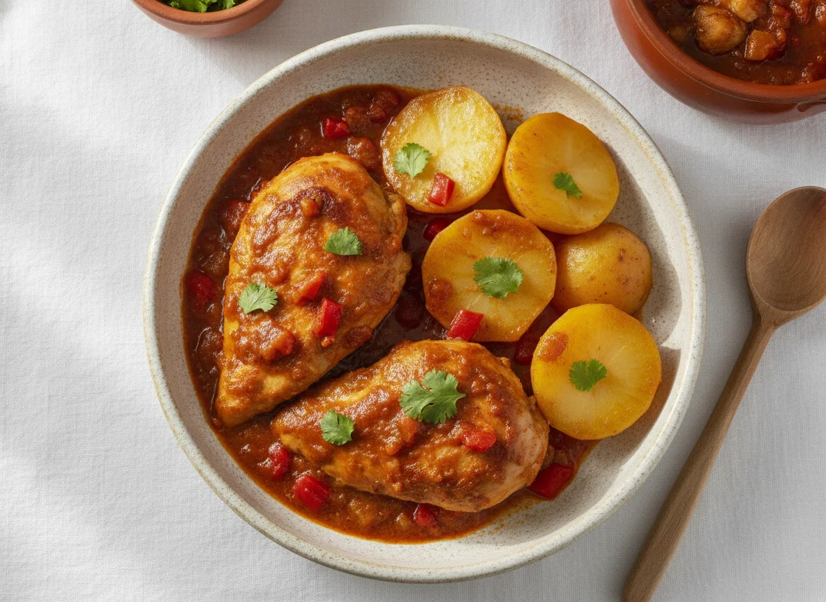 Pollo guisado con patatas cocidas photo