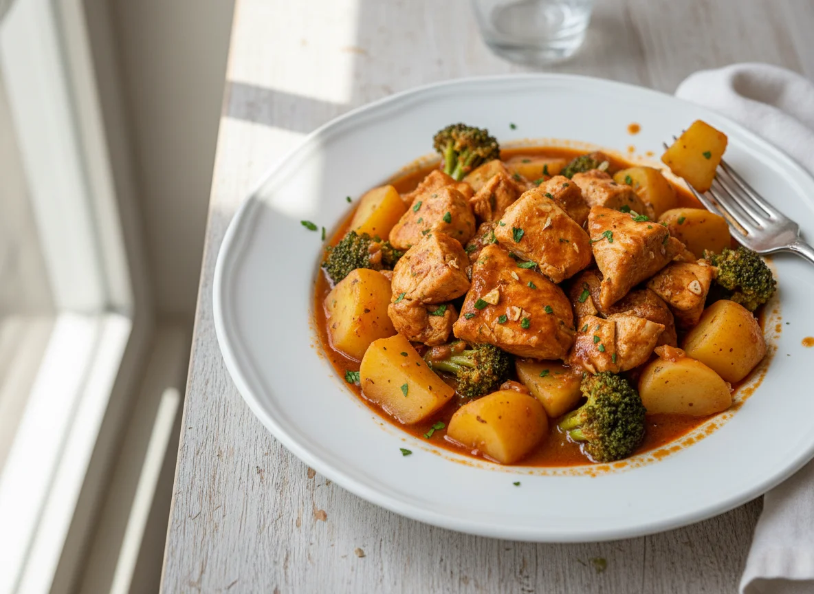 Pollo guisado con patatas y brócoli photo