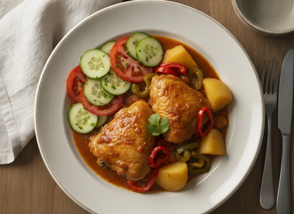 Pollo guisado con patatas y ensalada de pepino y tomate photo