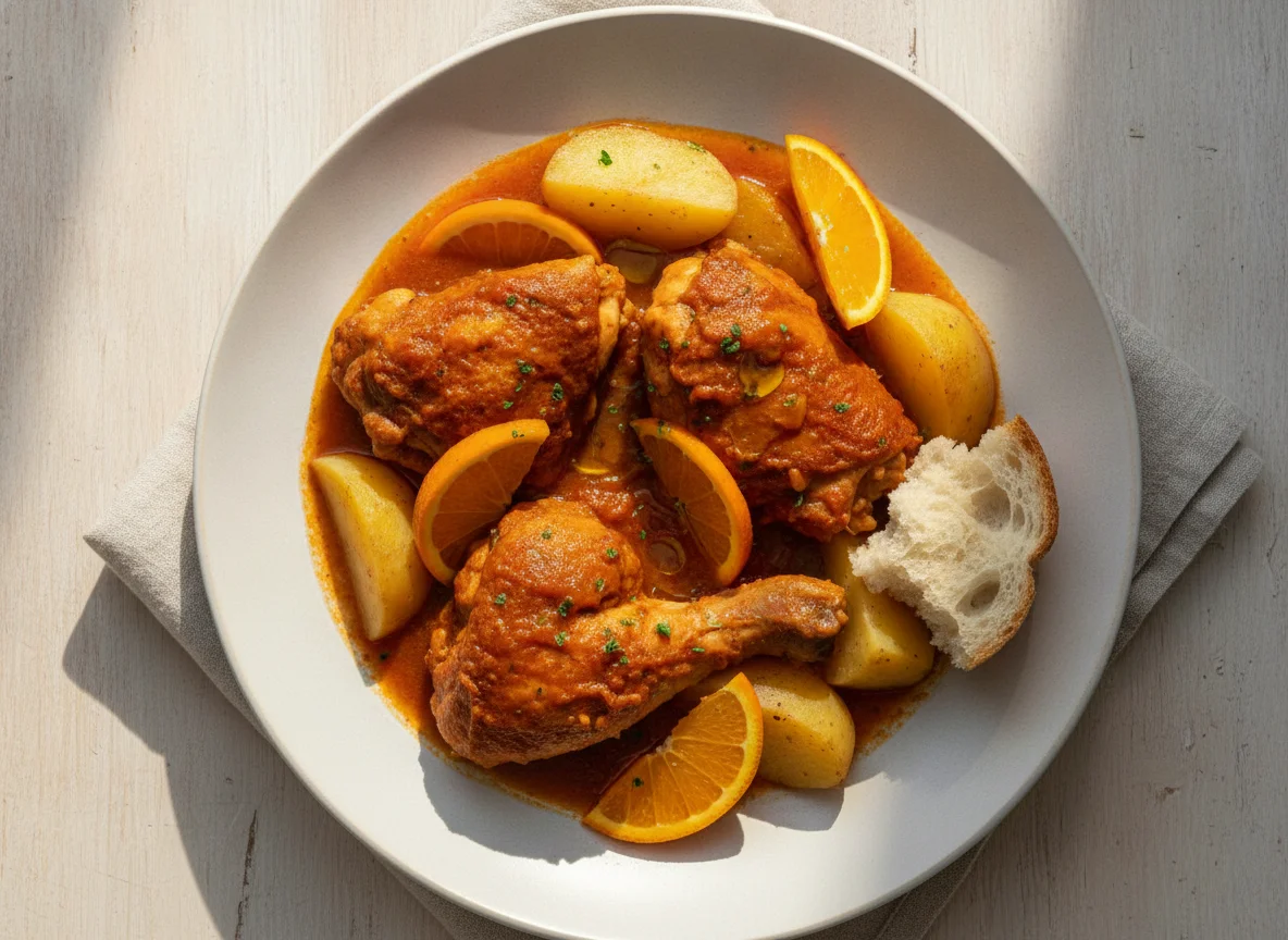 Pollo guisado con patatas y naranja photo