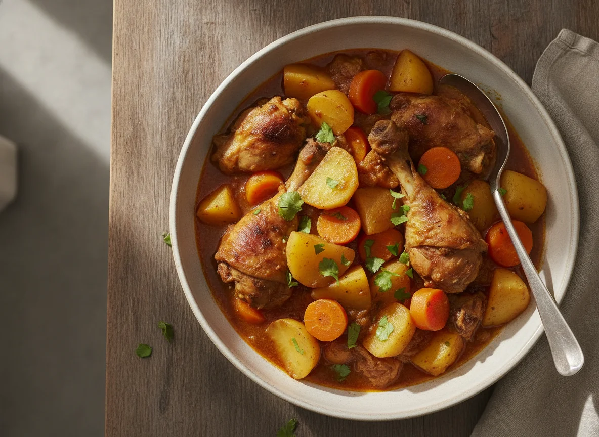 Pollo guisado con patatas y zanahorias photo