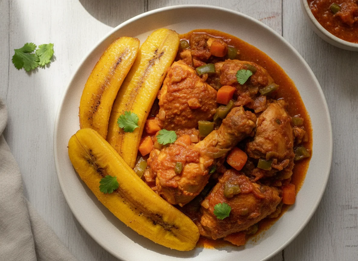 Pollo guisado con plátano hervido photo
