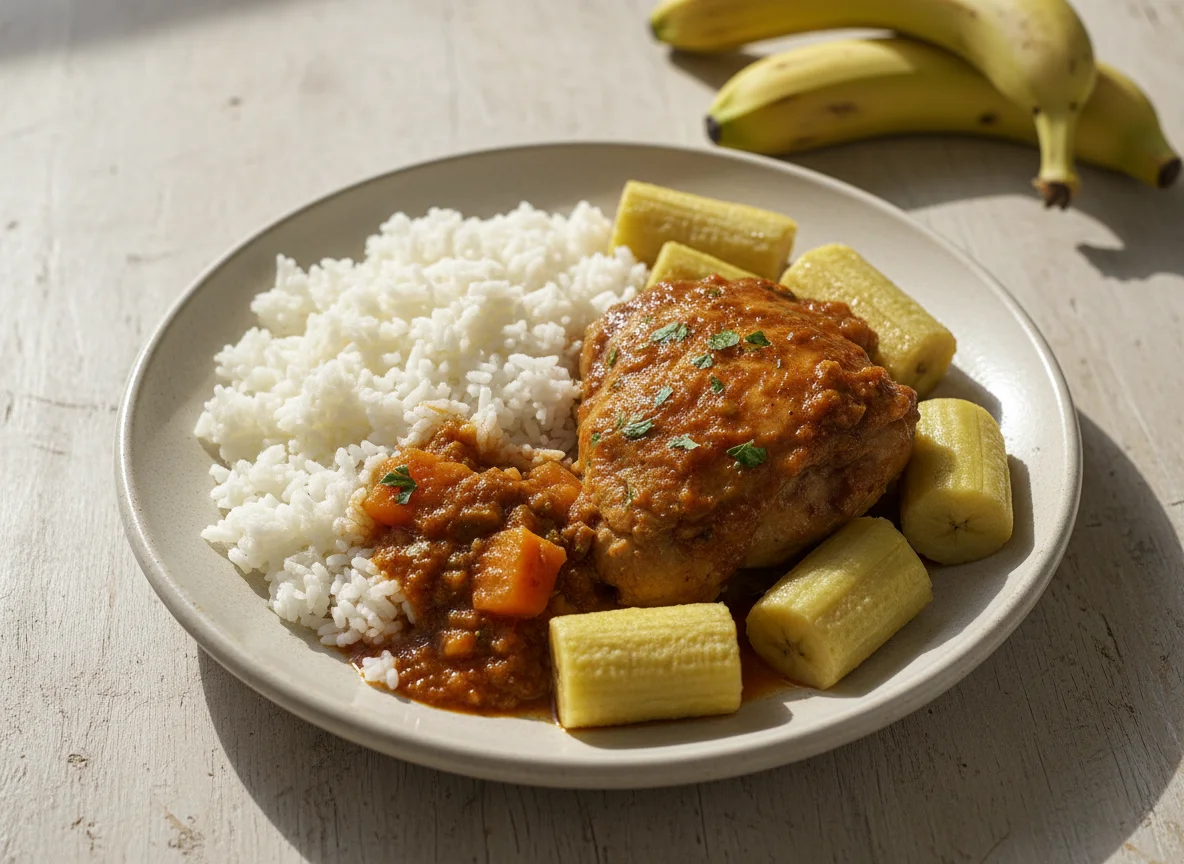 Pollo guisado con plátano y arroz photo