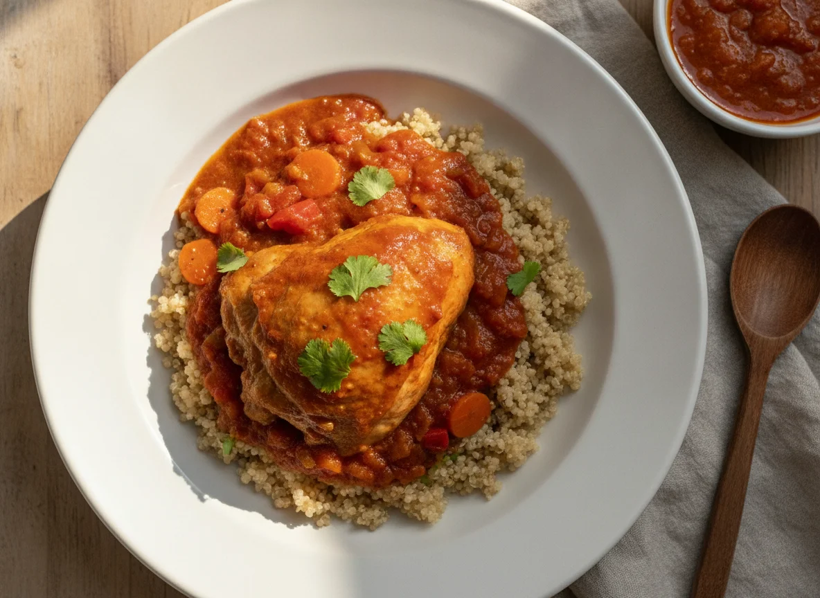 Pollo guisado con quinoa y salsa de tomate photo