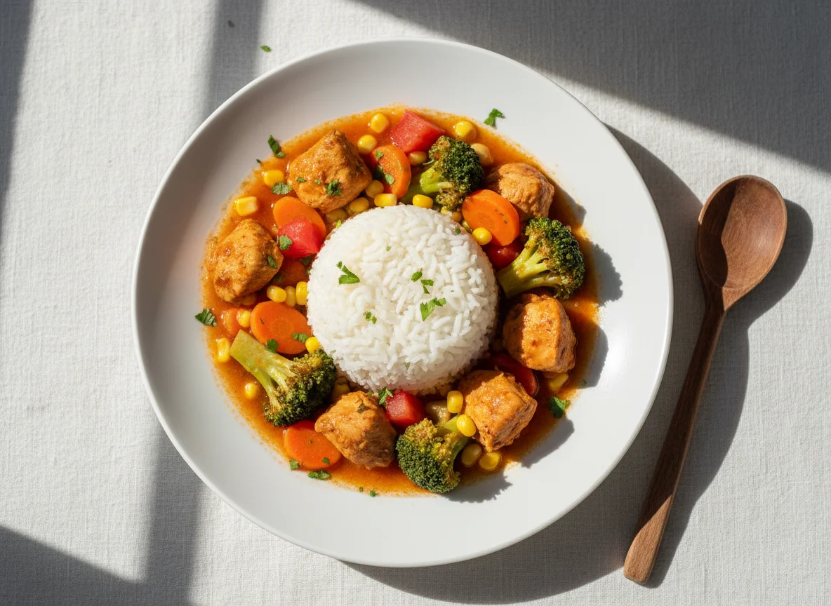 Pollo guisado con vegetales y arroz photo