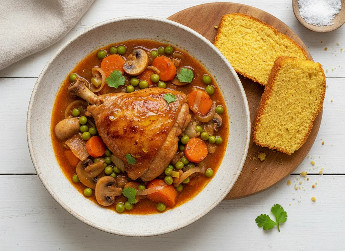 Pollo guisado con verduras y pan de maíz photo