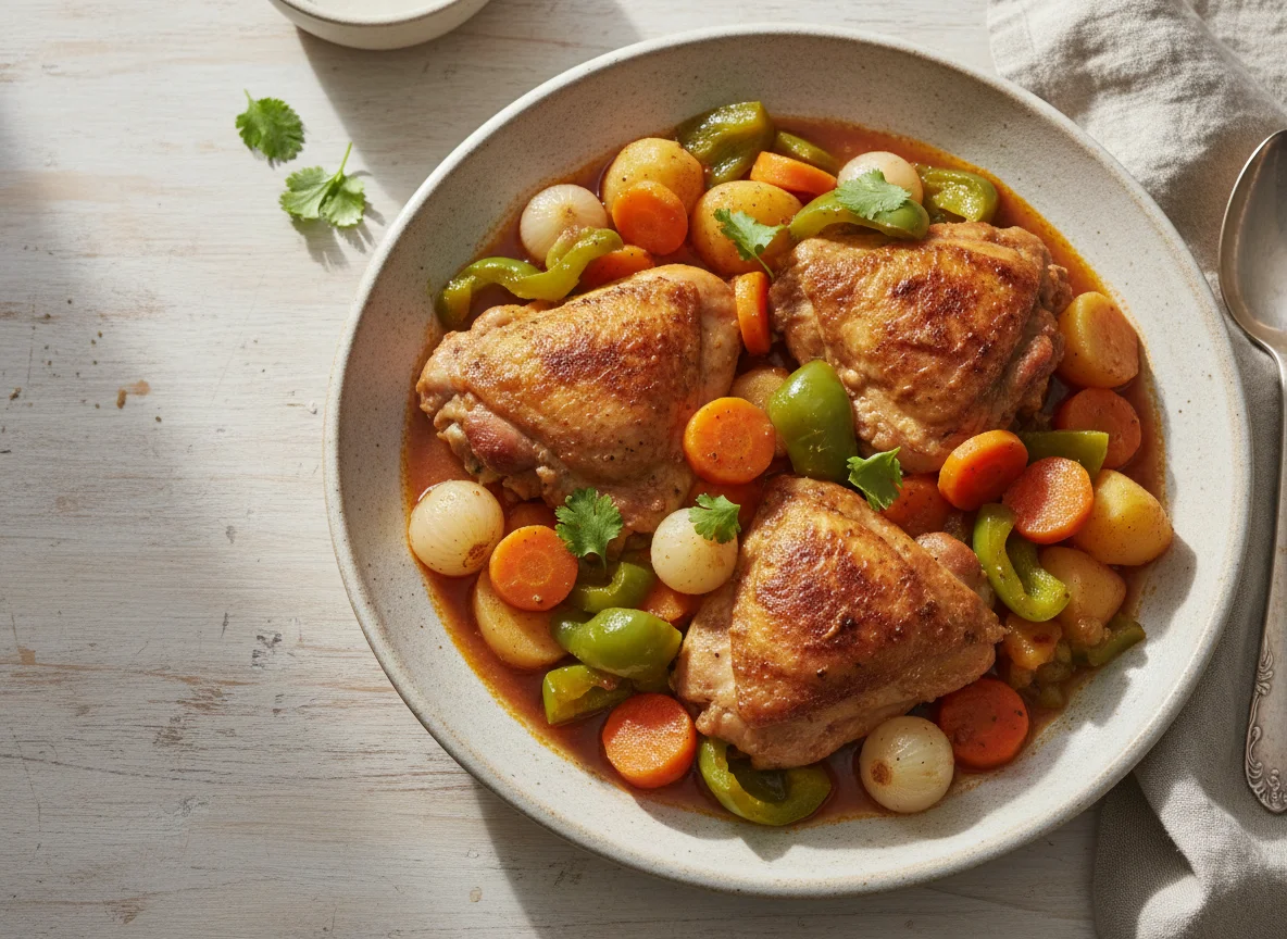 Pollo guisado con verduras y papas photo